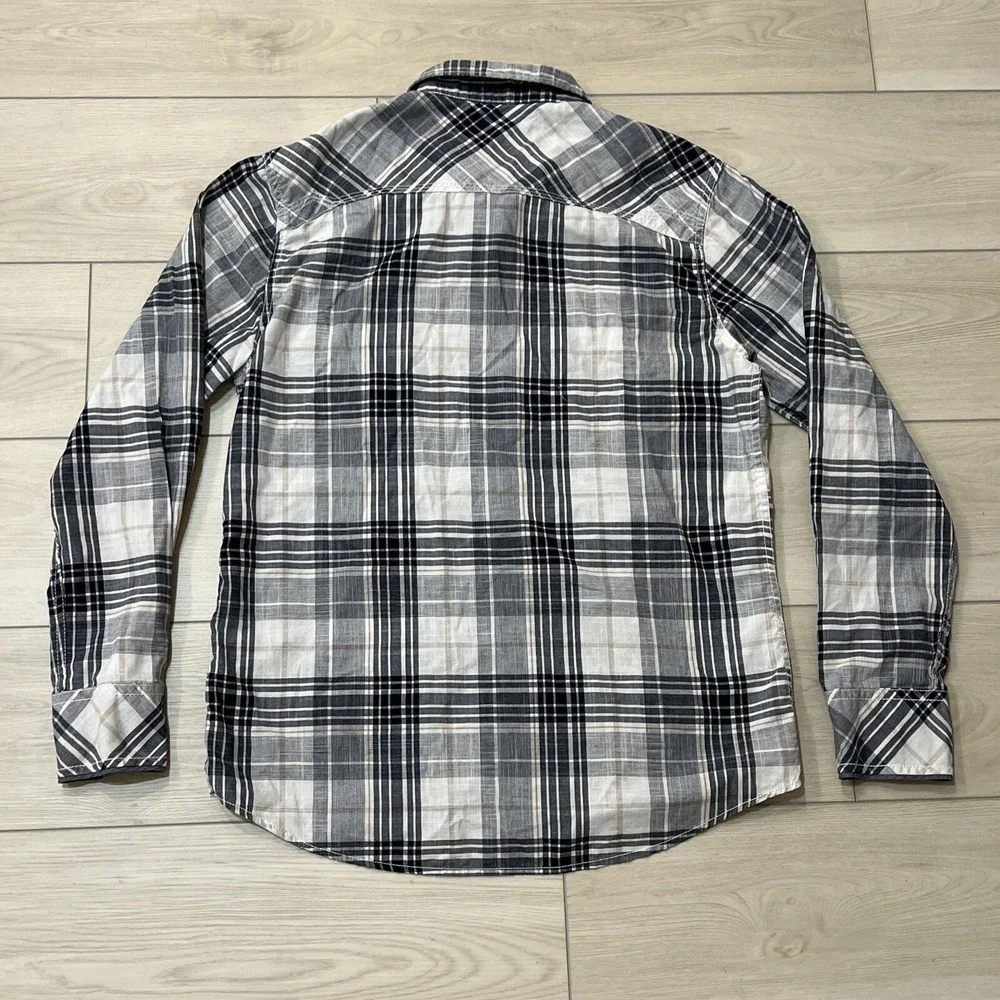 BKE Buckle Shirt Mens Navy Blue Plaid Pearl Snap Pockets White‎ Western Size L